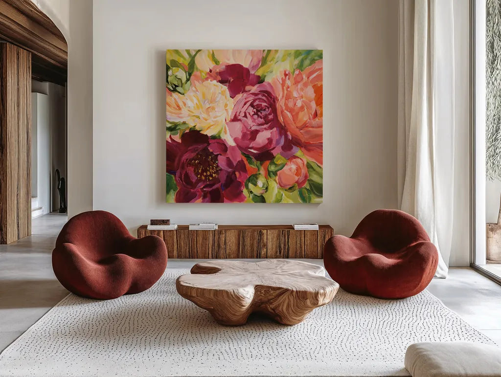 Buckeye Belle by Katrina Pete. Shown as extra-large giant wall art in a modern living room. Available as an archival giclee rolled canvas, fine art paper, or poster print. SKU 90791a.