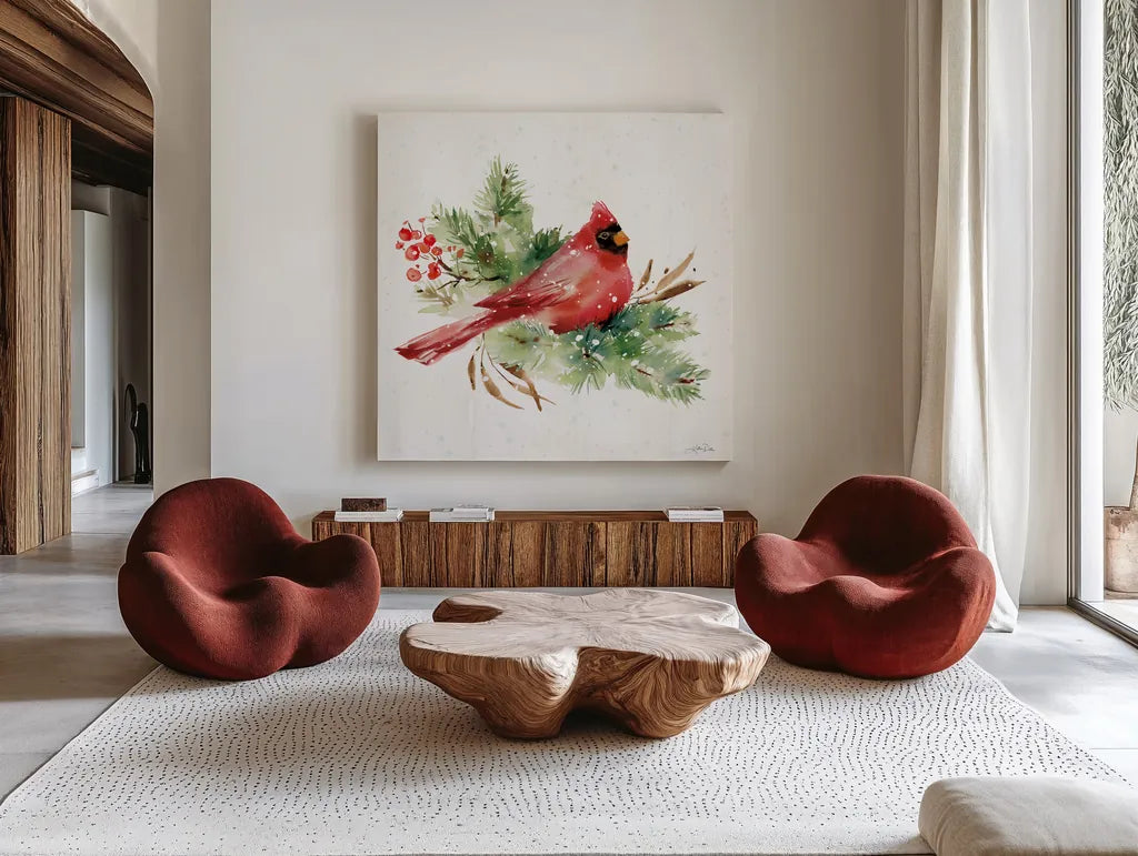 Celebrate the Season I by Katrina Pete. Shown as extra-large giant wall art in a modern living room. Available as an archival giclee rolled canvas, fine art paper, or poster print. SKU 82241a.