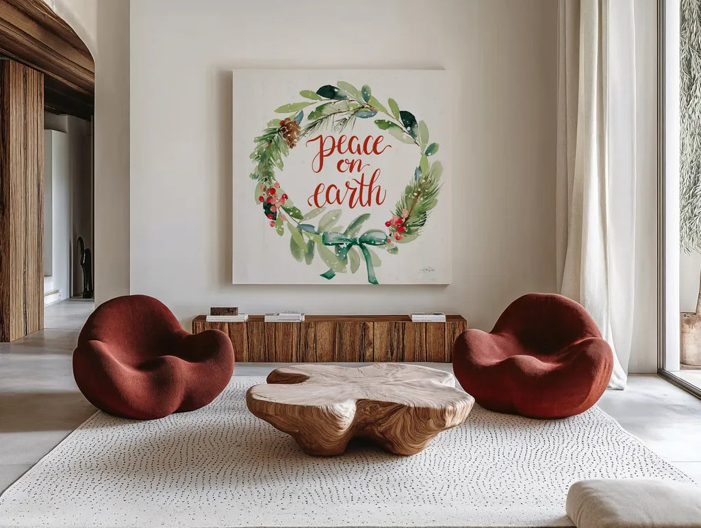 Celebrate the Season Wreath II by Katrina Pete. Shown as extra-large giant wall art in a modern living room. Available as an archival giclee rolled canvas, fine art paper, or poster print. SKU 82247a.