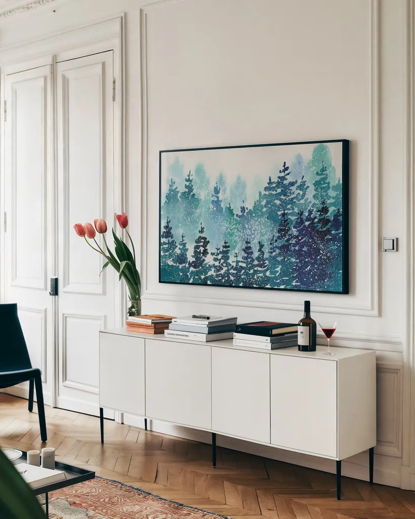 Christmas Forest by Katrina Pete. shown as a framed stretched canvas in a living room above a console. Available as a archival giclee rolled canvas, fine art paper, or poster print. SKU 89057i.