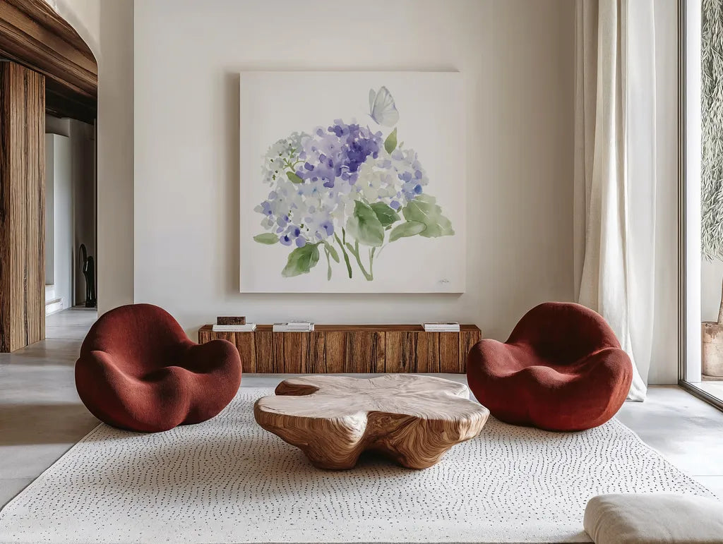 Cottage Hydrangeas II by Katrina Pete. Shown as extra-large giant wall art in a modern living room. Available as an archival giclee rolled canvas, fine art paper, or poster print. SKU 86422a.