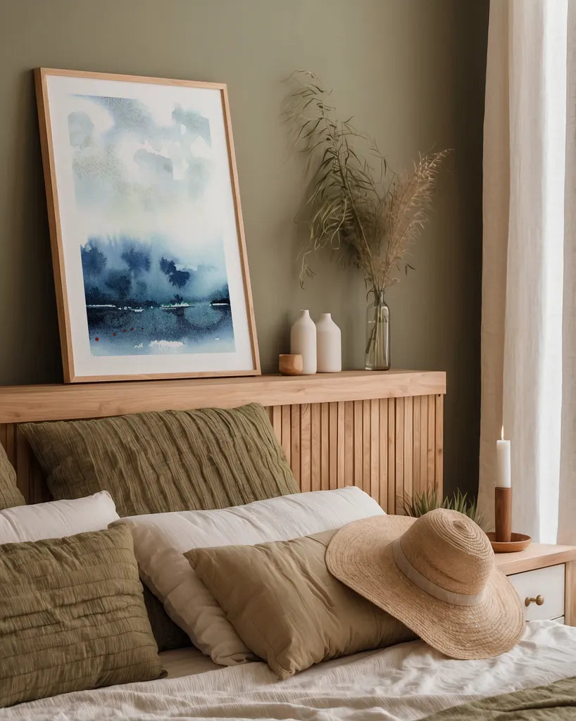 Deep Blue Lake by Katrina Pete. shown as a paper print in a natural frame. Available as a archival giclee rolled canvas, fine art paper, or poster print. SKU 65950h.