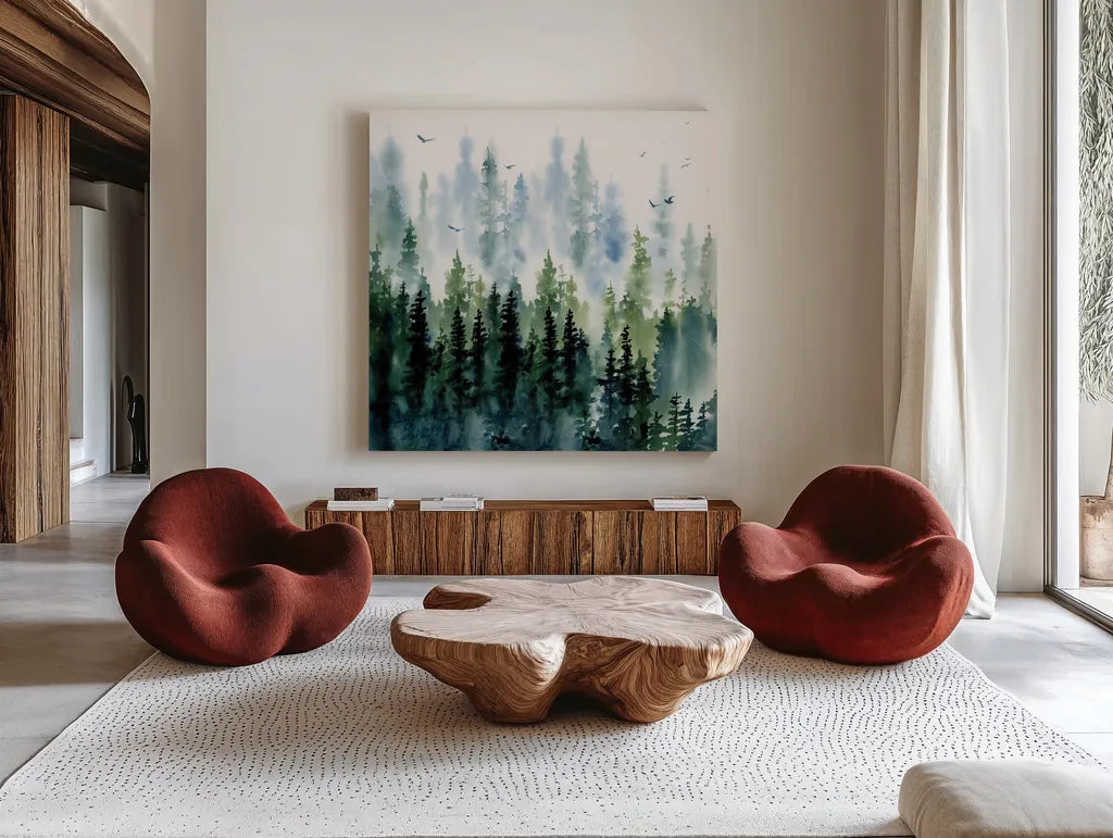 Evening Treeline Sq by Katrina Pete. Shown as extra-large giant wall art in a modern living room. Available as an archival giclee rolled canvas, fine art paper, or poster print. SKU 69233a.