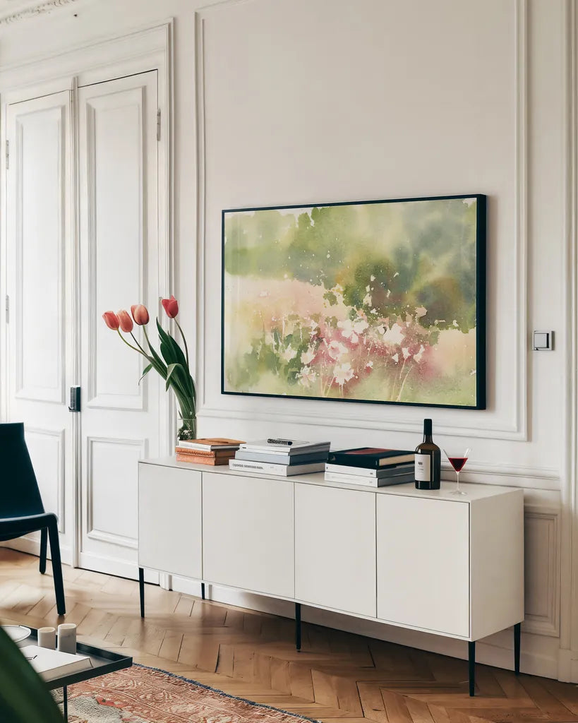 Floral Field by Katrina Pete. shown as a framed stretched canvas in a living room above a console. Available as a archival giclee rolled canvas, fine art paper, or poster print. SKU 65972i.
