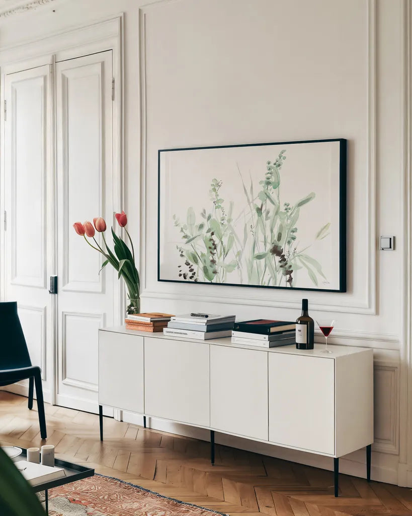 Grasses I by Katrina Pete. shown as a framed stretched canvas in a living room above a console. Available as a archival giclee rolled canvas, fine art paper, or poster print. SKU 77778i.