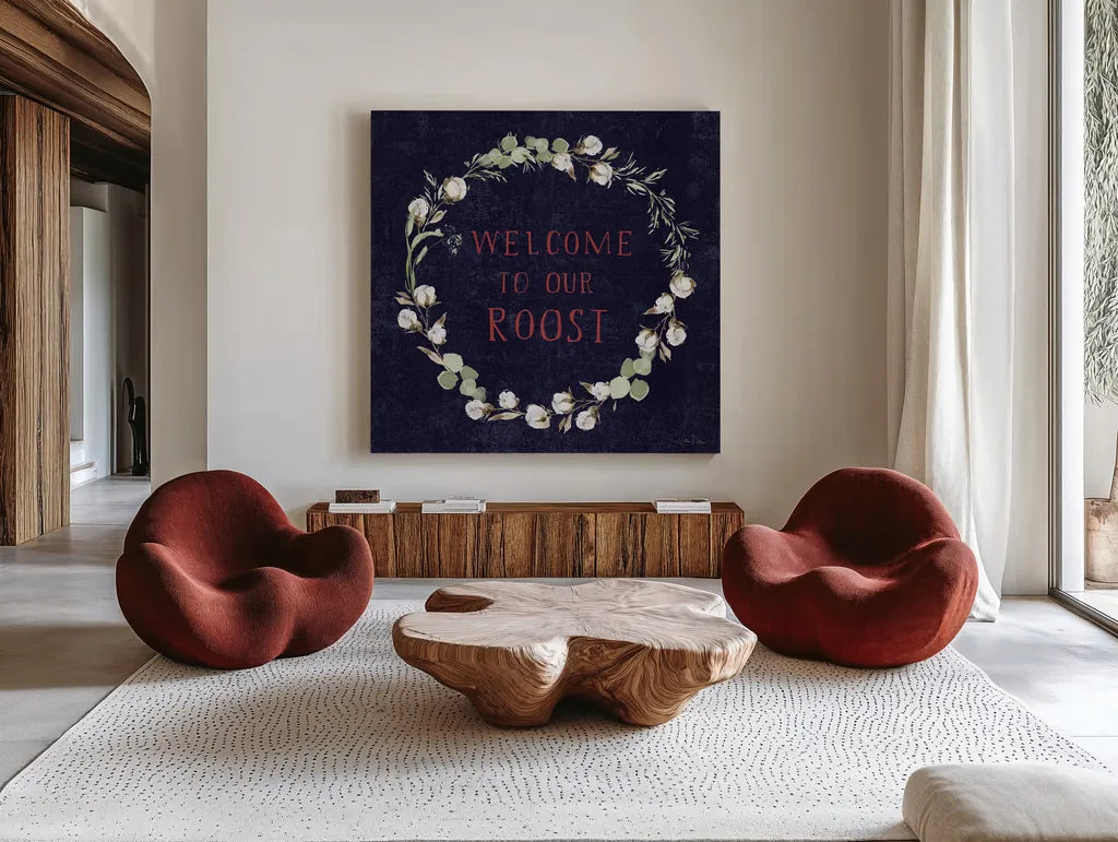 Home to Roost VI by Katrina Pete. Shown as extra-large giant wall art in a modern living room. Available as an archival giclee rolled canvas, fine art paper, or poster print. SKU 85174a.
