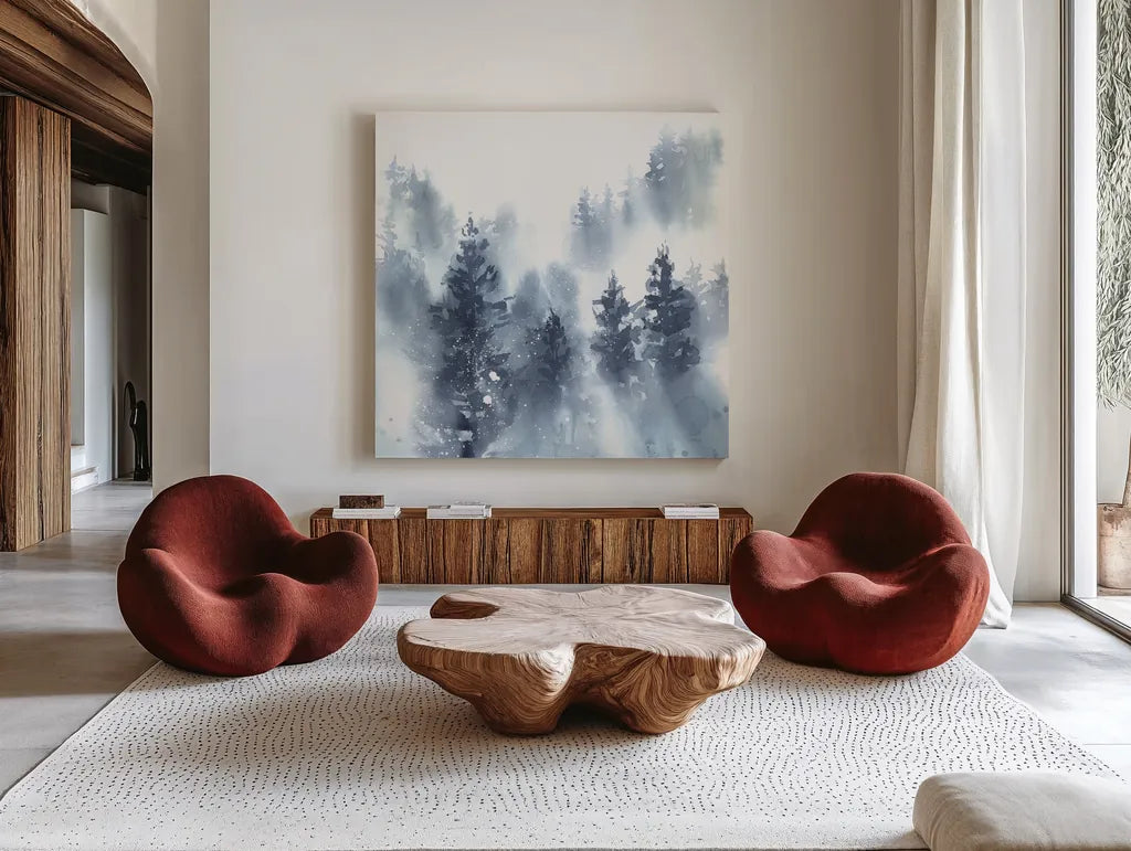 Misty Forest II by Katrina Pete. Shown as extra-large giant wall art in a modern living room. Available as an archival giclee rolled canvas, fine art paper, or poster print. SKU 65948a.