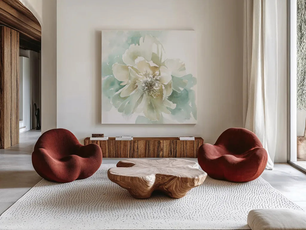 Poetic Blooming II by Katrina Pete. Shown as extra-large giant wall art in a modern living room. Available as an archival giclee rolled canvas, fine art paper, or poster print. SKU 67130a.
