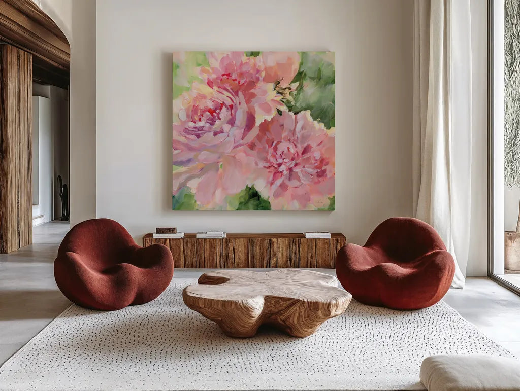 Sarahs Peony by Katrina Pete. Shown as extra-large giant wall art in a modern living room. Available as an archival giclee rolled canvas, fine art paper, or poster print. SKU 92012a.