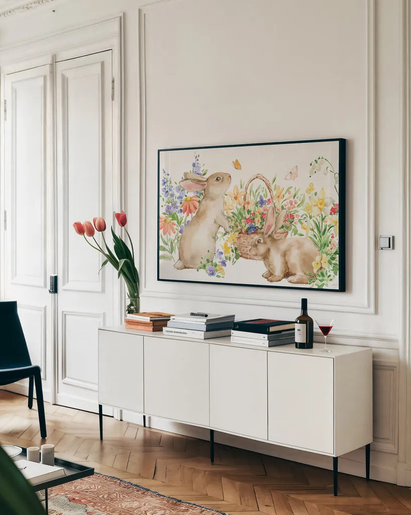Spring Celebration V by Katrina Pete. shown as a framed stretched canvas in a living room above a console. Available as a archival giclee rolled canvas, fine art paper, or poster print. SKU 97418i.