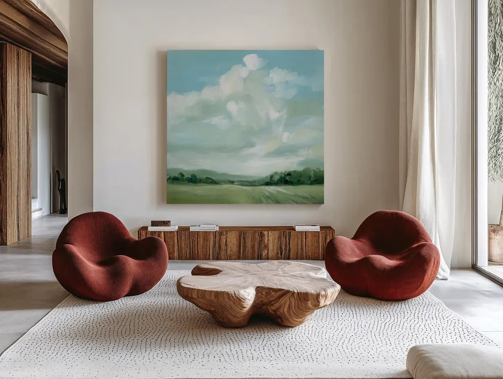 Summer Clouds by Katrina Pete. Shown as extra-large giant wall art in a modern living room. Available as an archival giclee rolled canvas, fine art paper, or poster print. SKU 73252a.