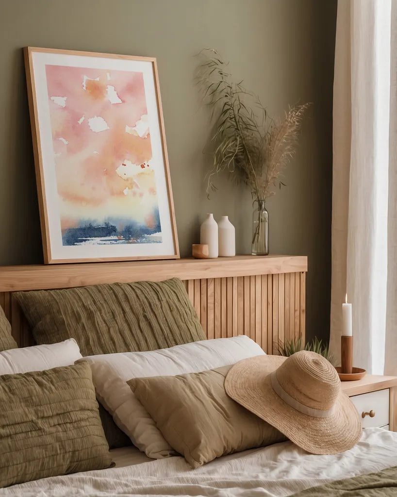 Sunrise Seascape II by Katrina Pete. shown as a paper print in a natural frame. Available as a archival giclee rolled canvas, fine art paper, or poster print. SKU 65953h.