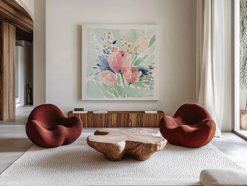 Tulip Bower by Katrina Pete. Shown as extra-large giant wall art in a modern living room. Available as an archival giclee rolled canvas, fine art paper, or poster print. SKU 71755a.