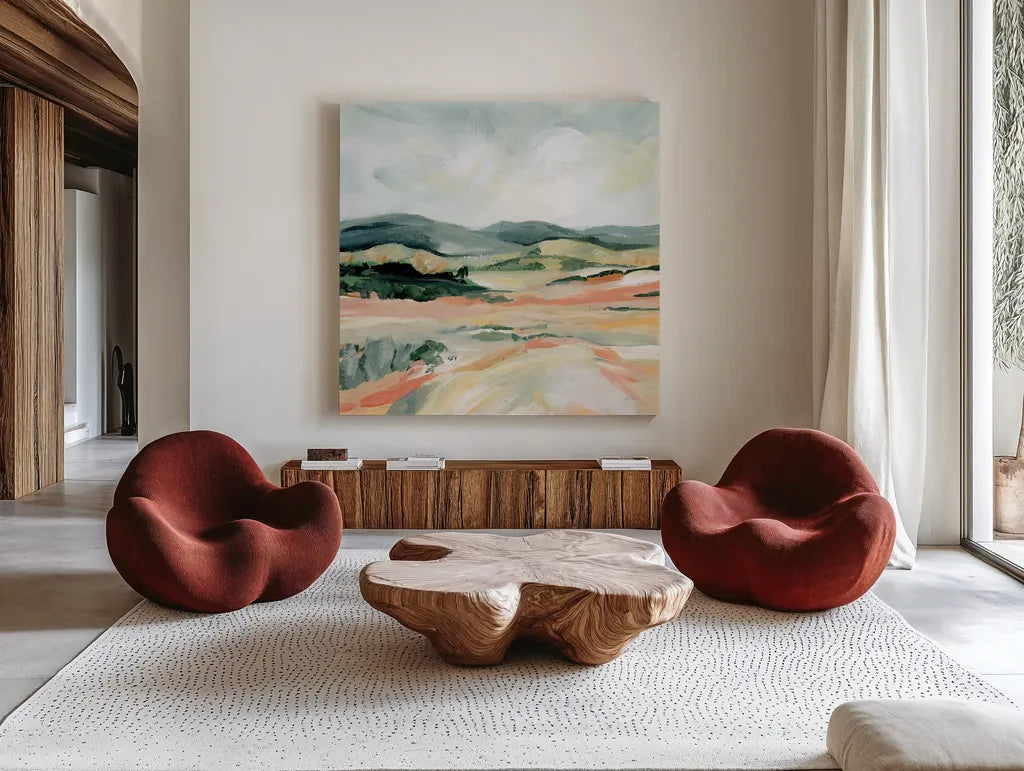 Vermillion Landscape I by Katrina Pete. Shown as extra-large giant wall art in a modern living room. Available as an archival giclee rolled canvas, fine art paper, or poster print. SKU 65941a.