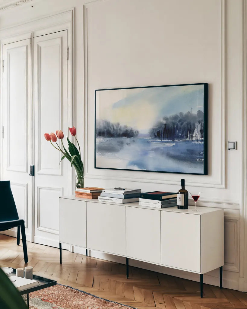 Winter River by Katrina Pete. shown as a framed stretched canvas in a living room above a console. Available as a archival giclee rolled canvas, fine art paper, or poster print. SKU 67458i.