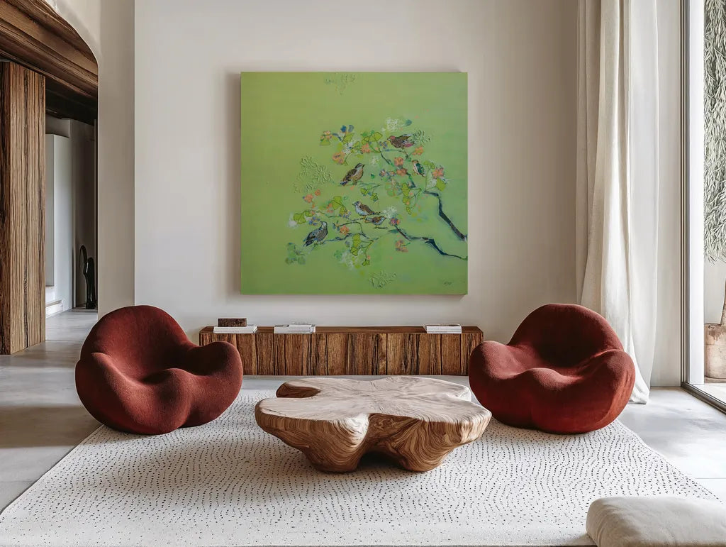 Bird Song by Kellie Day. Shown as extra-large giant wall art in a modern living room. Available as an archival giclee rolled canvas, fine art paper, or poster print. SKU 56321a.