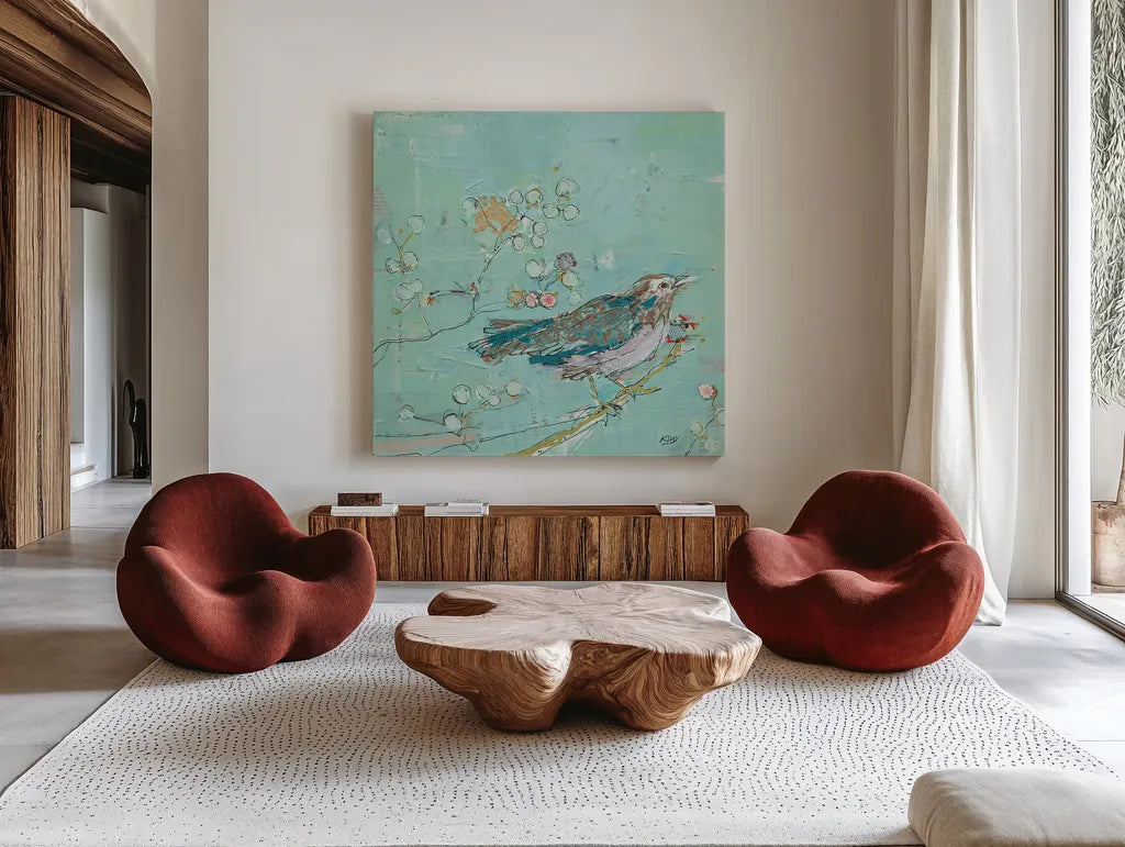 Birds of a Feather v2 with Teal by Kellie Day. Shown as extra-large giant wall art in a modern living room. Available as an archival giclee rolled canvas, fine art paper, or poster print. SKU 30391a.