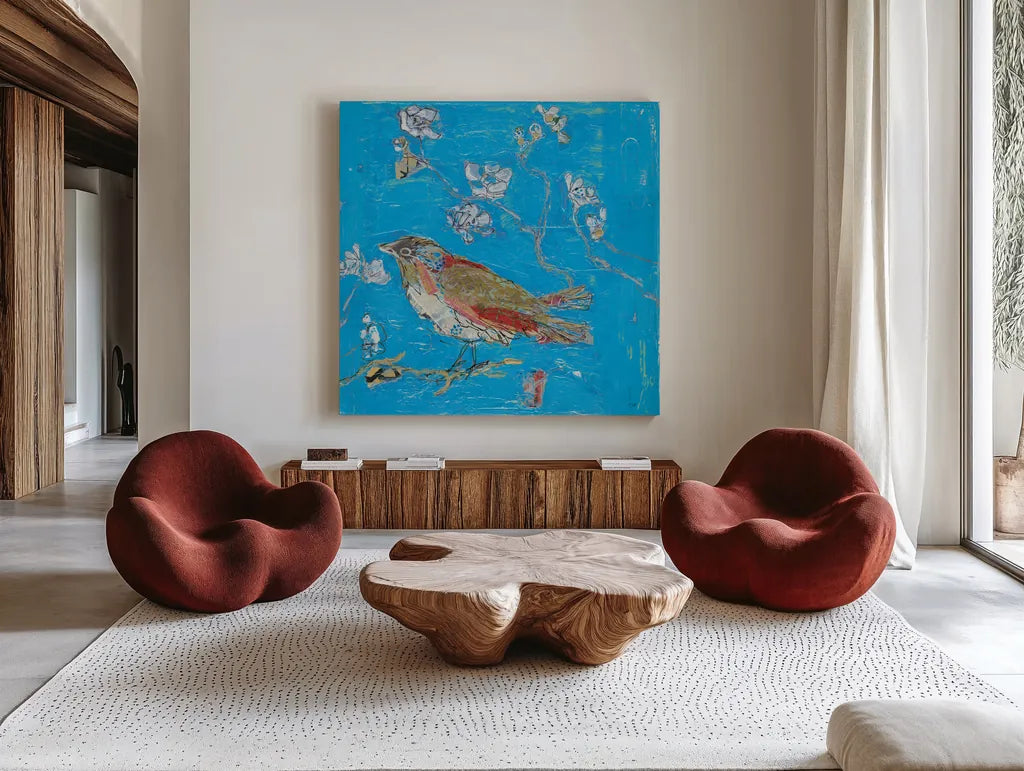 Blue Bird by Kellie Day. Shown as extra-large giant wall art in a modern living room. Available as an archival giclee rolled canvas, fine art paper, or poster print. SKU 36084a.