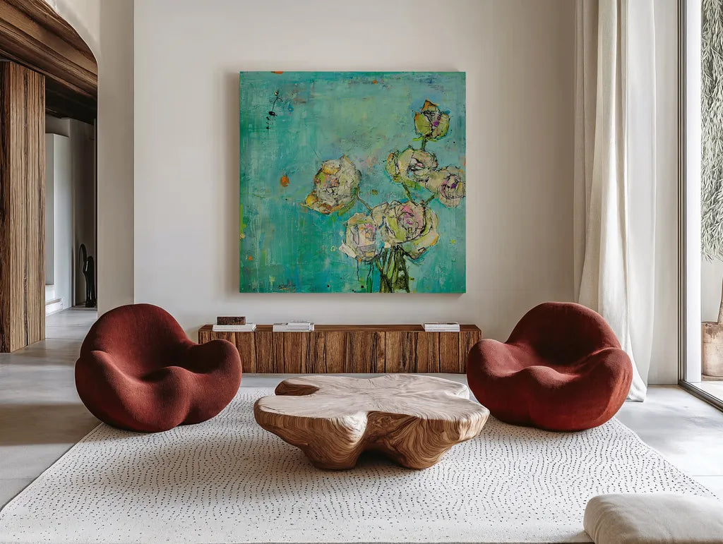 Effulgence by Kellie Day. Shown as extra-large giant wall art in a modern living room. Available as an archival giclee rolled canvas, fine art paper, or poster print. SKU 21663a.