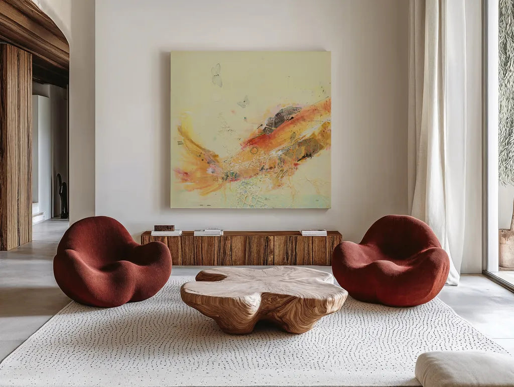 Fish in the Sea I by Kellie Day. Shown as extra-large giant wall art in a modern living room. Available as an archival giclee rolled canvas, fine art paper, or poster print. SKU 21130a.
