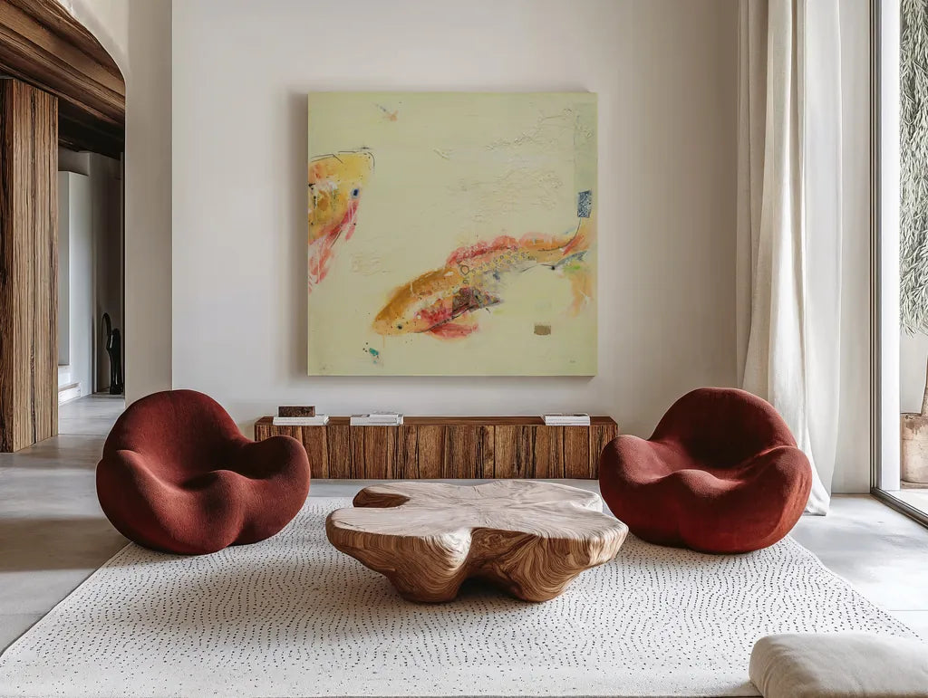 Fish in the Sea II by Kellie Day. Shown as extra-large giant wall art in a modern living room. Available as an archival giclee rolled canvas, fine art paper, or poster print. SKU 21131a.