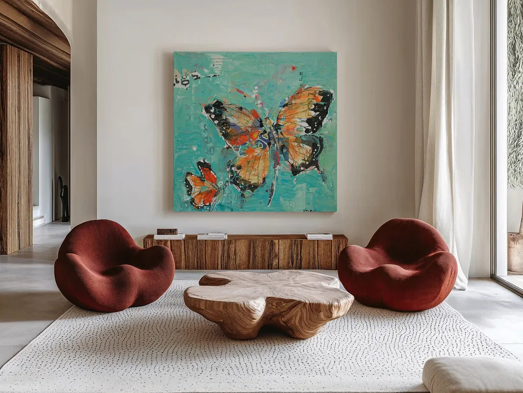 Monarch II by Kellie Day. Shown as extra-large giant wall art in a modern living room. Available as an archival giclee rolled canvas, fine art paper, or poster print. SKU 27862a.