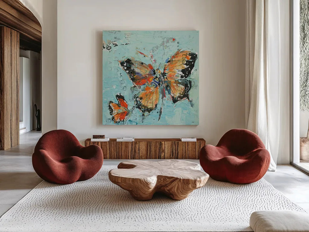 Monarch II Light Blue by Kellie Day. Shown as extra-large giant wall art in a modern living room. Available as an archival giclee rolled canvas, fine art paper, or poster print. SKU 27919a.