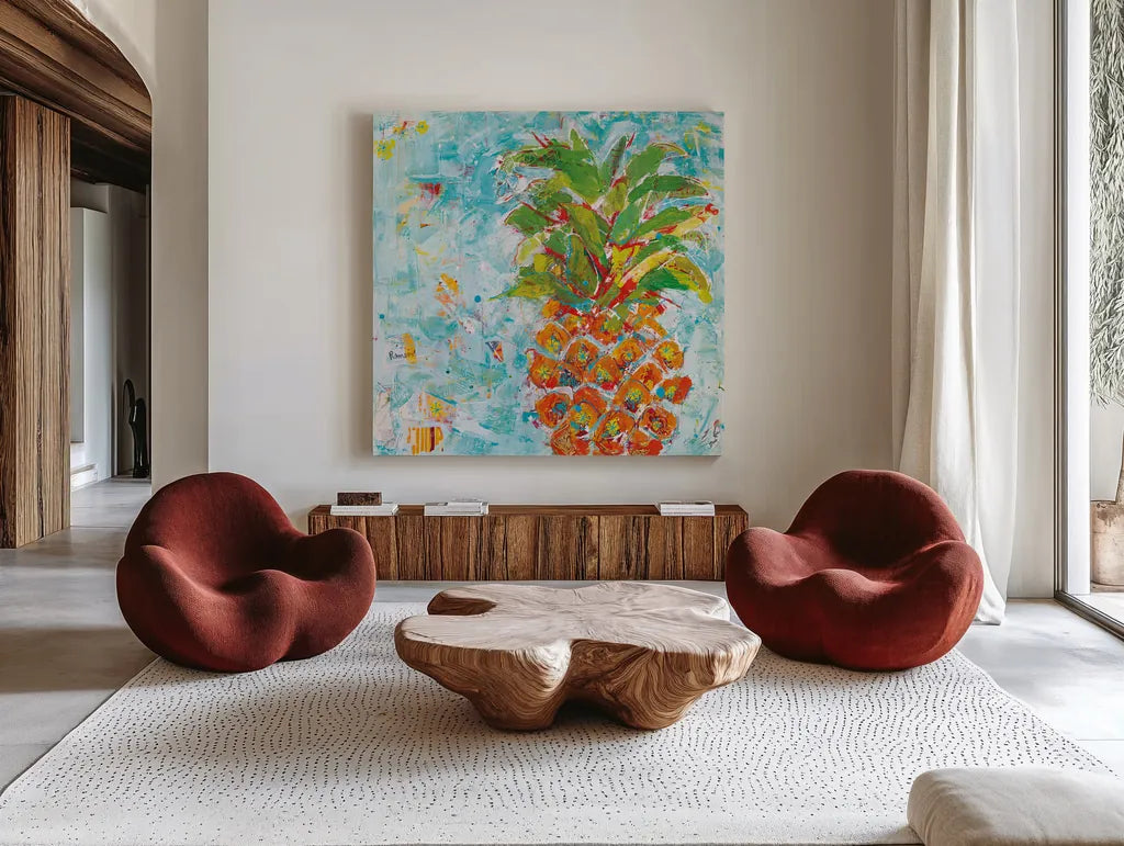 Pineapple Bright by Kellie Day. Shown as extra-large giant wall art in a modern living room. Available as an archival giclee rolled canvas, fine art paper, or poster print. SKU 37670a.