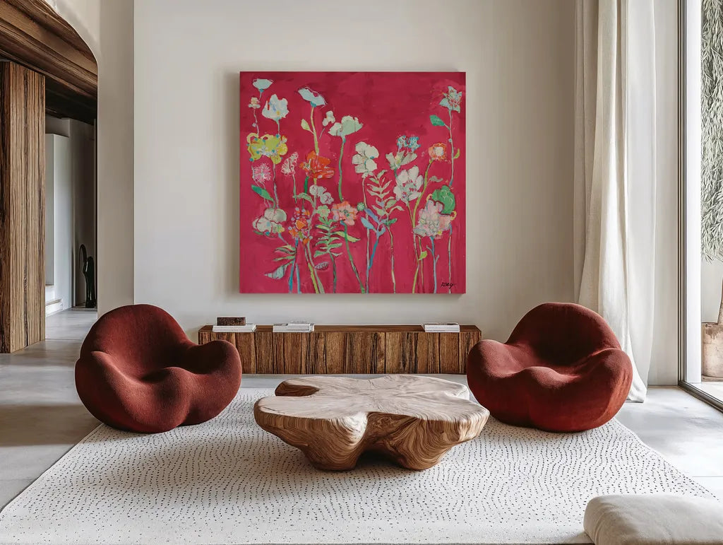Richness of Flowers by Kellie Day. Shown as extra-large giant wall art in a modern living room. Available as an archival giclee rolled canvas, fine art paper, or poster print. SKU 68652a.