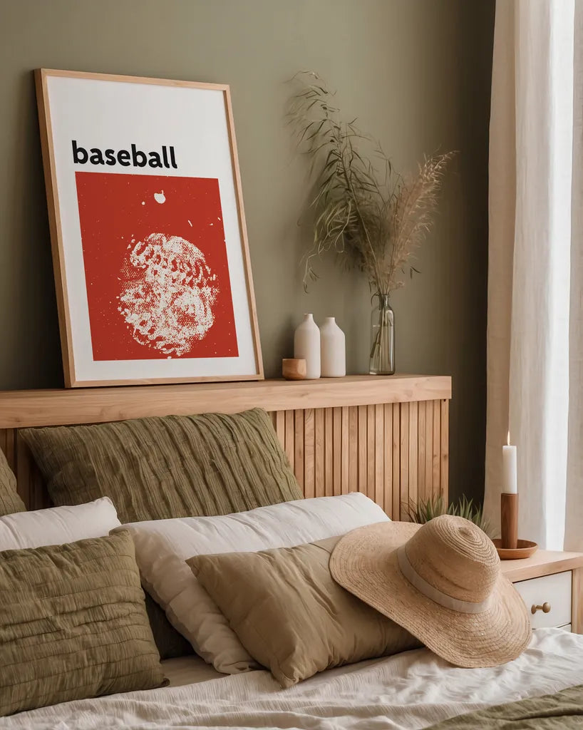 Baller I Red by Kent Youngstrom. shown as a paper print in a natural frame. Available as a archival giclee rolled canvas, fine art paper, or poster print. SKU 84205h.