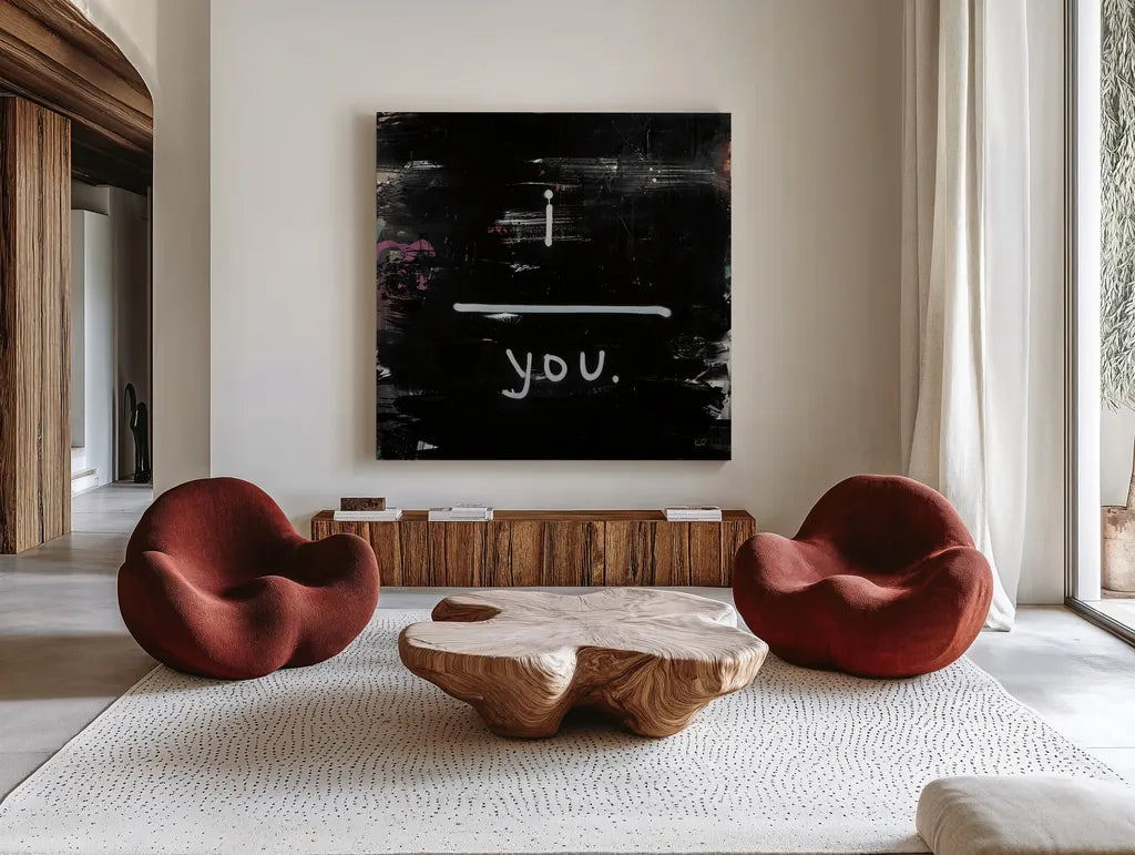Use Your Words by Kent Youngstrom. Shown as extra-large giant wall art in a modern living room. Available as an archival giclee rolled canvas, fine art paper, or poster print. SKU 87974a.