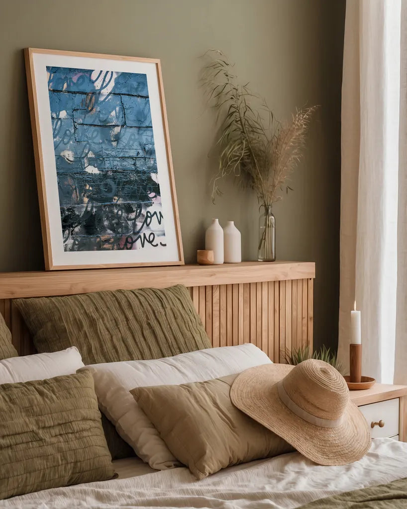 Wall of Love by Kent Youngstrom. shown as a paper print in a natural frame. Available as a archival giclee rolled canvas, fine art paper, or poster print. SKU 80215h.
