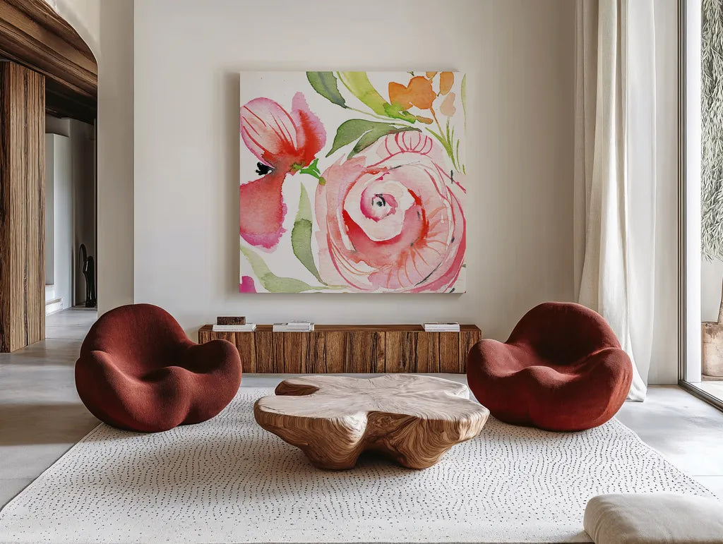 Bloom to Remember IV by Kristy Rice. Shown as extra-large giant wall art in a modern living room. Available as an archival giclee rolled canvas, fine art paper, or poster print. SKU 41901a.
