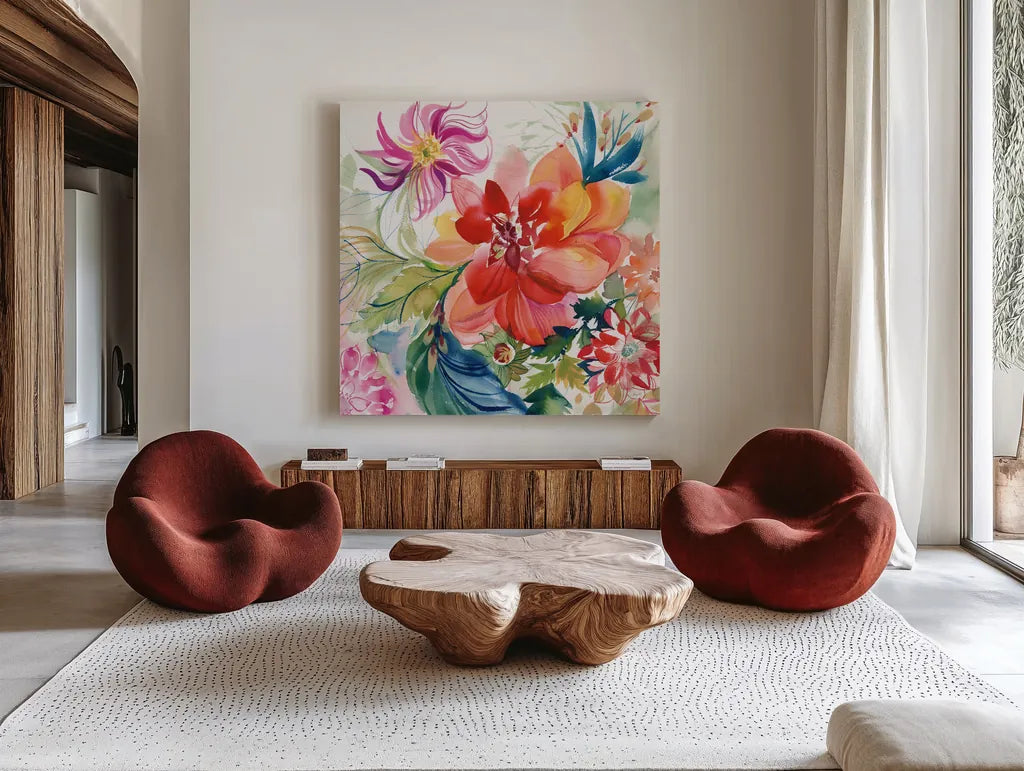 Colors of Spring by Kristy Rice. Shown as extra-large giant wall art in a modern living room. Available as an archival giclee rolled canvas, fine art paper, or poster print. SKU 100914a.