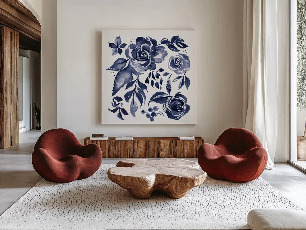 Delft Delight I DB No Words by Kristy Rice. Shown as extra-large giant wall art in a modern living room. Available as an archival giclee rolled canvas, fine art paper, or poster print. SKU 59154a.