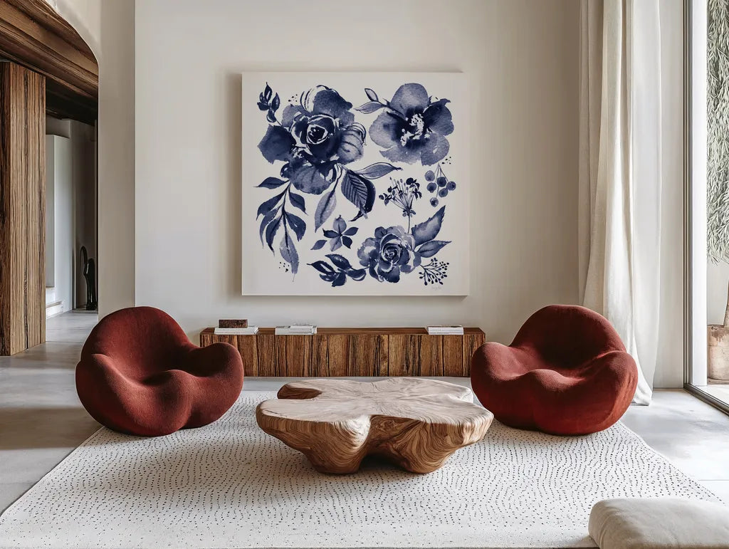 Delft Delight III DB No Words by Kristy Rice. Shown as extra-large giant wall art in a modern living room. Available as an archival giclee rolled canvas, fine art paper, or poster print. SKU 59156a.