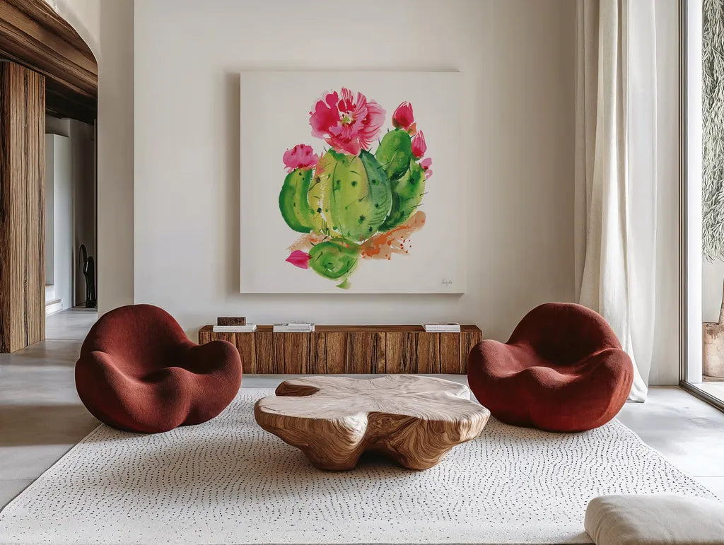 Desert Echinopsis by Kristy Rice. Shown as extra-large giant wall art in a modern living room. Available as an archival giclee rolled canvas, fine art paper, or poster print. SKU 90500a.