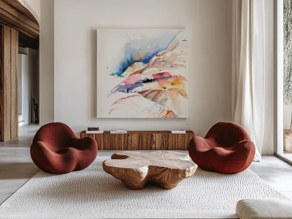 Desert Hike by Kristy Rice. Shown as extra-large giant wall art in a modern living room. Available as an archival giclee rolled canvas, fine art paper, or poster print. SKU 93994a.