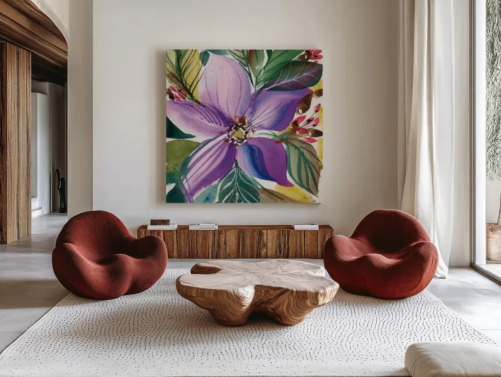 Floral Burst II by Kristy Rice. Shown as extra-large giant wall art in a modern living room. Available as an archival giclee rolled canvas, fine art paper, or poster print. SKU 91005a.