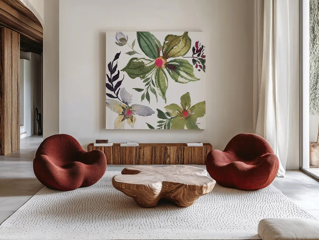 Hellebore Ya Doing IV by Kristy Rice. Shown as extra-large giant wall art in a modern living room. Available as an archival giclee rolled canvas, fine art paper, or poster print. SKU 44119a.