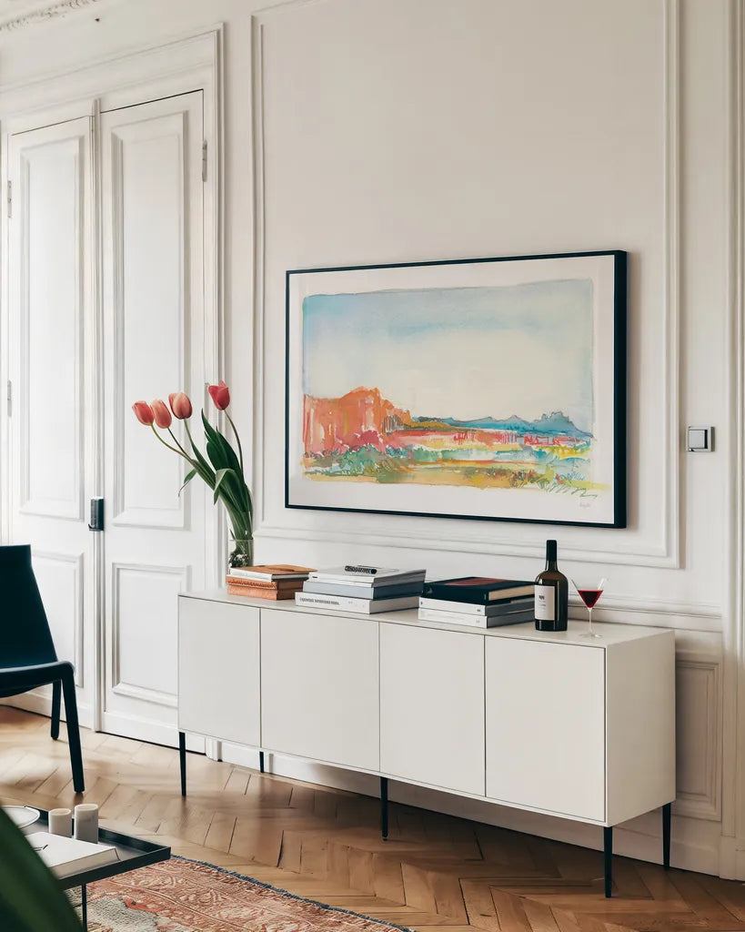 Looking Out by Kristy Rice. shown as a framed stretched canvas in a living room above a console. Available as a archival giclee rolled canvas, fine art paper, or poster print. SKU 59813i.