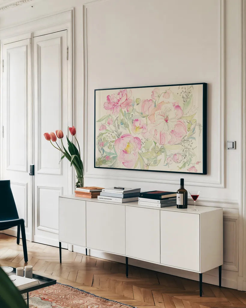 Peony Garden by Kristy Rice. shown as a framed stretched canvas in a living room above a console. Available as a archival giclee rolled canvas, fine art paper, or poster print. SKU 59826i.