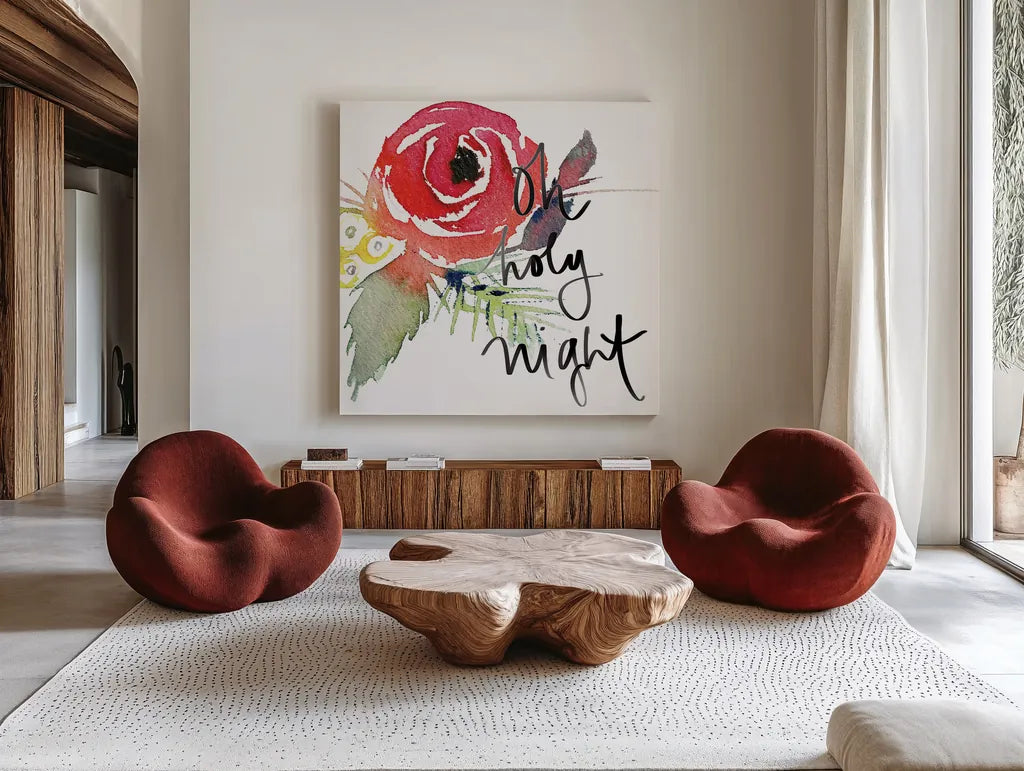 Scarlett O Christmas III by Kristy Rice. Shown as extra-large giant wall art in a modern living room. Available as an archival giclee rolled canvas, fine art paper, or poster print. SKU 41905a.