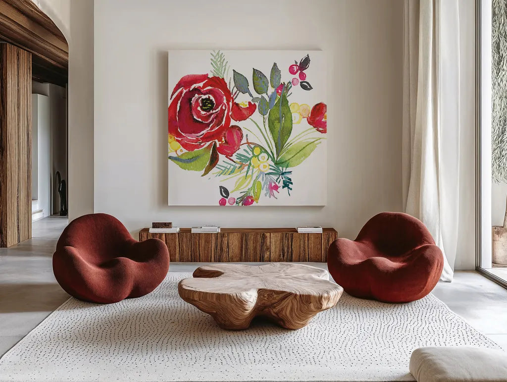 Scarlett O Christmas V by Kristy Rice. Shown as extra-large giant wall art in a modern living room. Available as an archival giclee rolled canvas, fine art paper, or poster print. SKU 41907a.