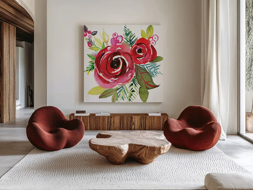 Scarlett O Christmas VI by Kristy Rice. Shown as extra-large giant wall art in a modern living room. Available as an archival giclee rolled canvas, fine art paper, or poster print. SKU 41908a.