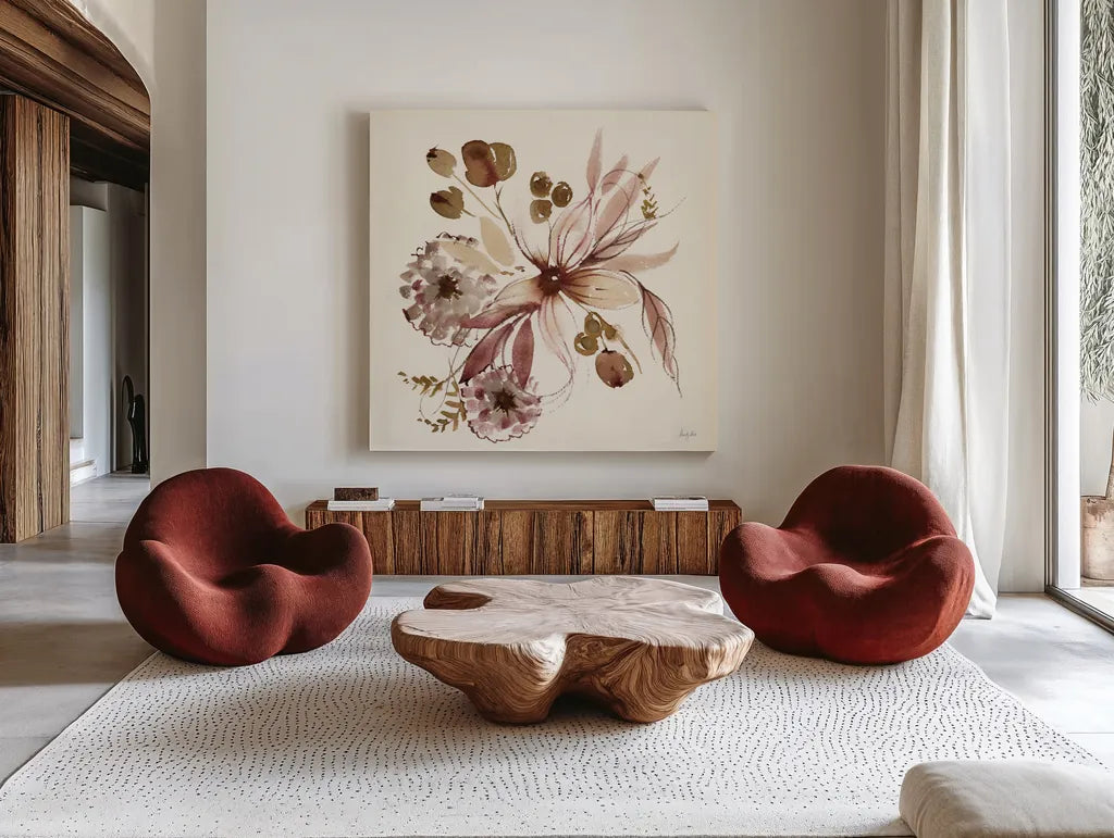 Sepia Floral by Kristy Rice. Shown as extra-large giant wall art in a modern living room. Available as an archival giclee rolled canvas, fine art paper, or poster print. SKU 91415a.