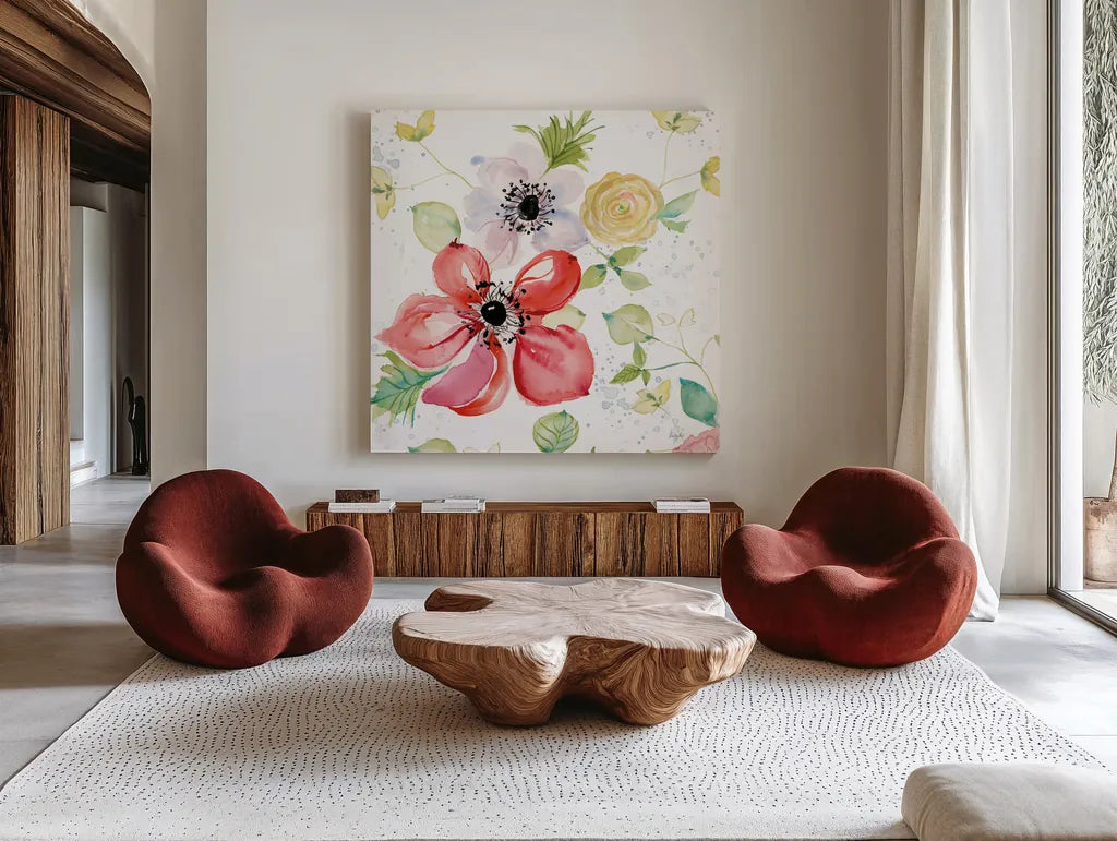 Spray of Anemones II by Kristy Rice. Shown as extra-large giant wall art in a modern living room. Available as an archival giclee rolled canvas, fine art paper, or poster print. SKU 54031a.