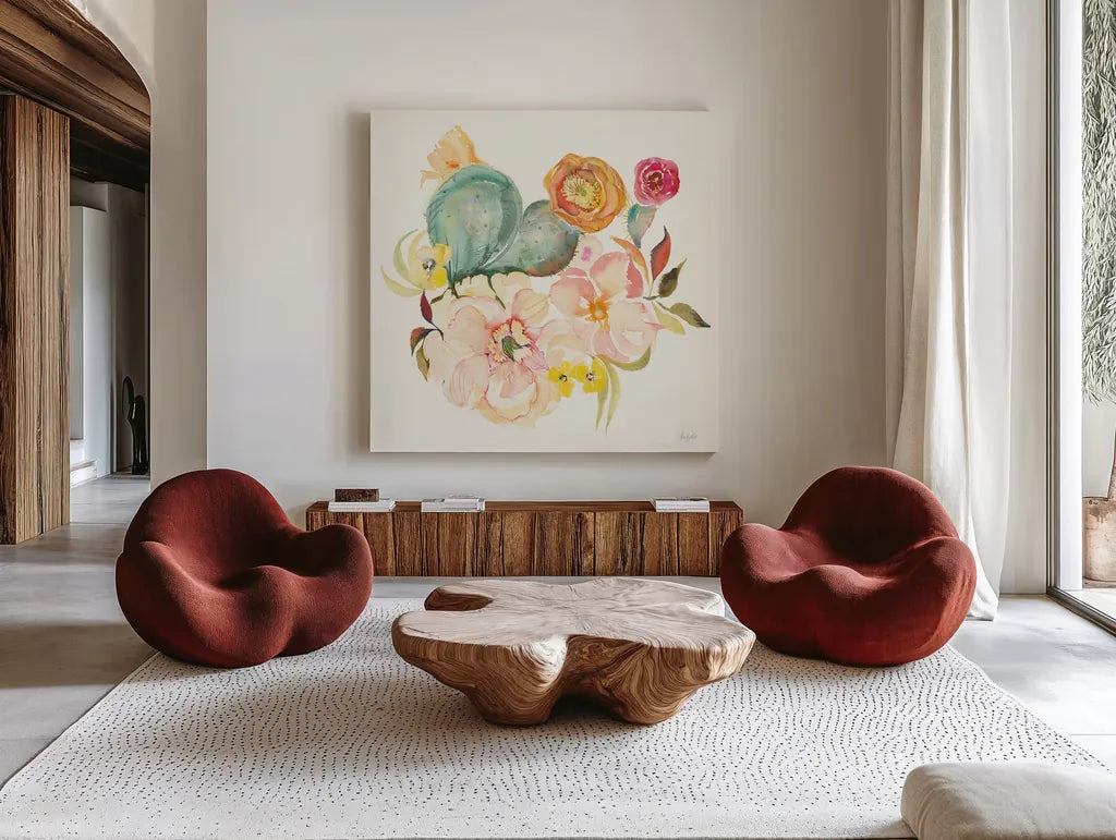 Succulent Desert IV by Kristy Rice. Shown as extra-large giant wall art in a modern living room. Available as an archival giclee rolled canvas, fine art paper, or poster print. SKU 59787a.