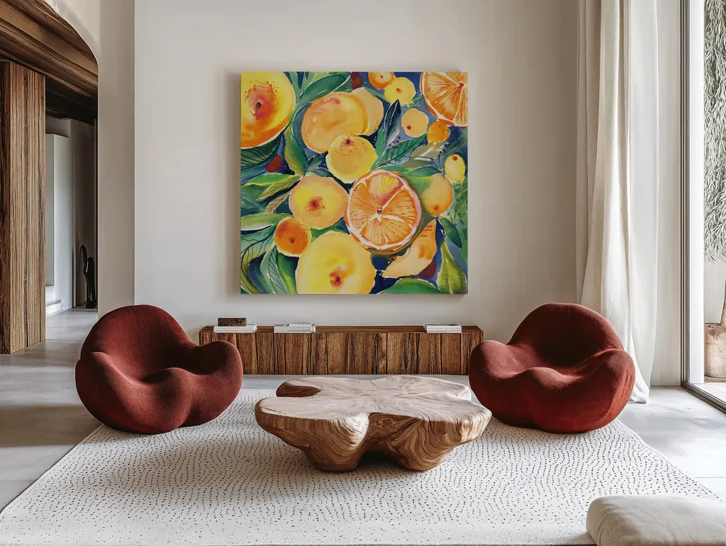 Summery Citrus by Kristy Rice. Shown as extra-large giant wall art in a modern living room. Available as an archival giclee rolled canvas, fine art paper, or poster print. SKU 88428a.