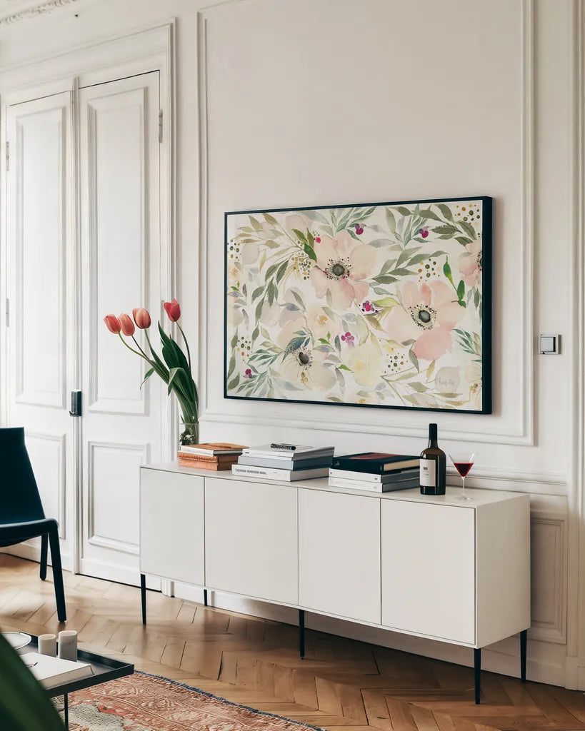 The Joy of White by Kristy Rice. shown as a framed stretched canvas in a living room above a console. Available as a archival giclee rolled canvas, fine art paper, or poster print. SKU 35408i.